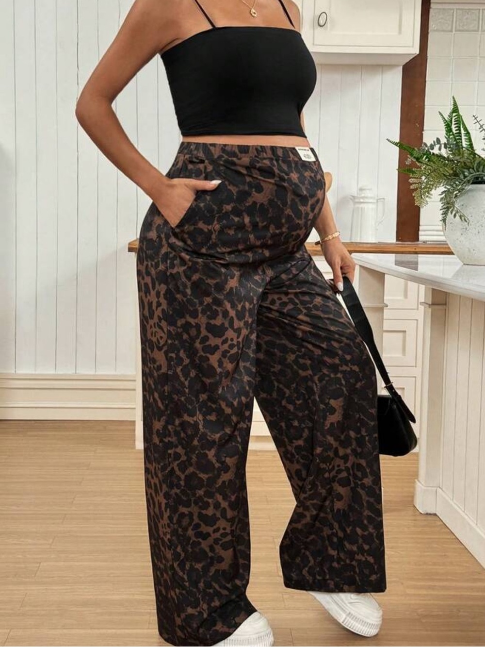 SHEIN Maternity Wide-Leg Leopard Cheetah Print Elastic Waistband Pants